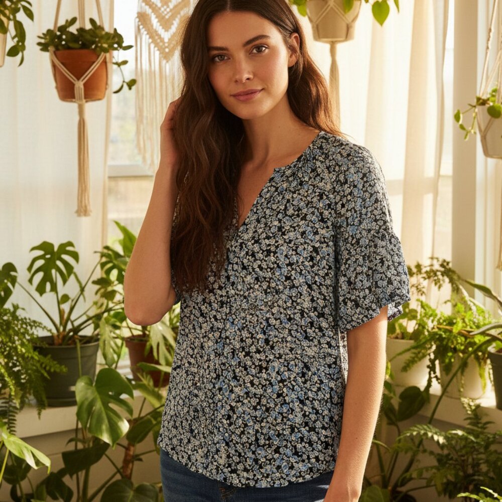 Nordstrom Signature XS Silk‎ Top Womens Blue Floral Bell Sleeve Coquette Cottage